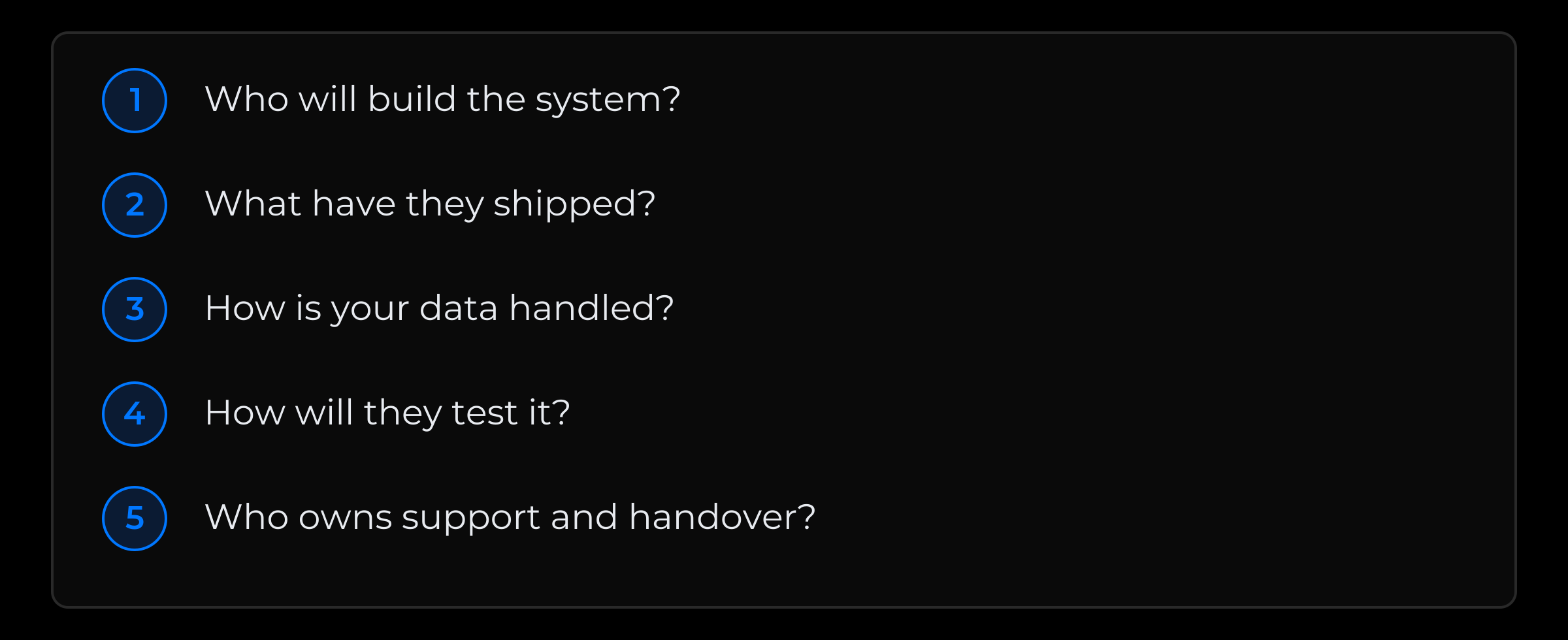 Five vendor questions covering the assigned team, production evidence, data handling, evaluation and post-launch ownership